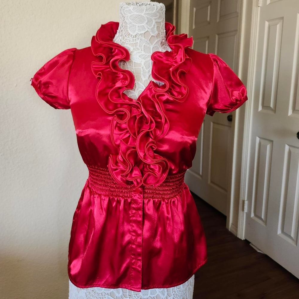 BCX Office Red Satin Blouse Ruffled Accents Elastic Waist Size Small